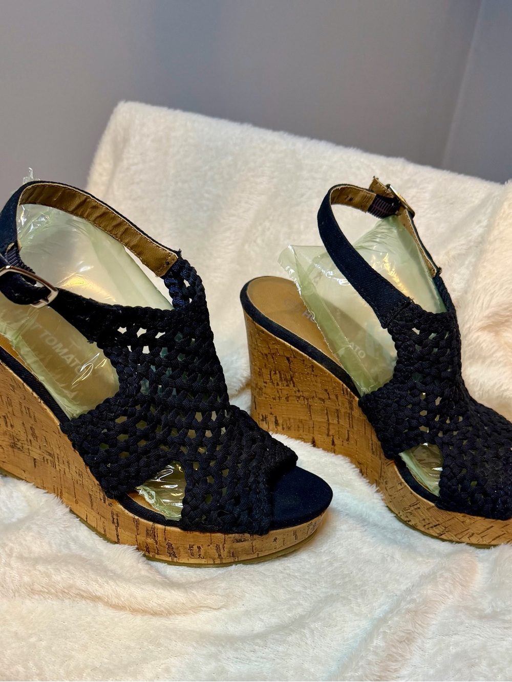 Hot Tomato Navy Crochet Wedge Sandals with Cork Platform